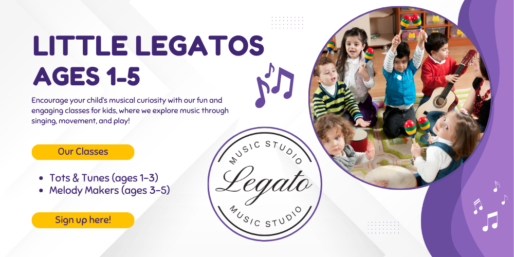 description of Little Legatos music classes with pictures of children playing instruments